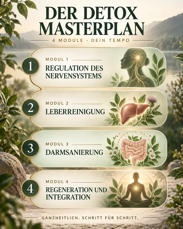Grafik „Der Detox Masterplan – 4 Module, dein Tempo“ mit den Modulen 1 Regulation des Nervensystems, 2 Leberreinigung, 3 Darmsanierung und 4 Regeneration und Integration