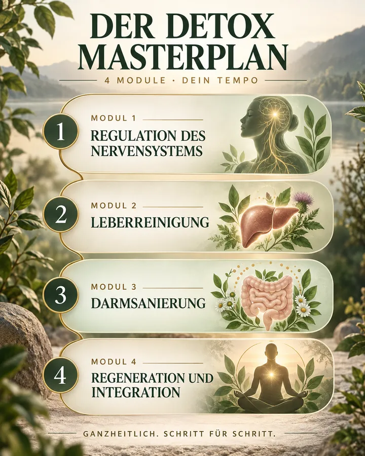 Grafik „Der Detox Masterplan – 4 Module, dein Tempo“ mit den Modulen 1 Regulation des Nervensystems, 2 Leberreinigung, 3 Darmsanierung und 4 Regeneration und Integration