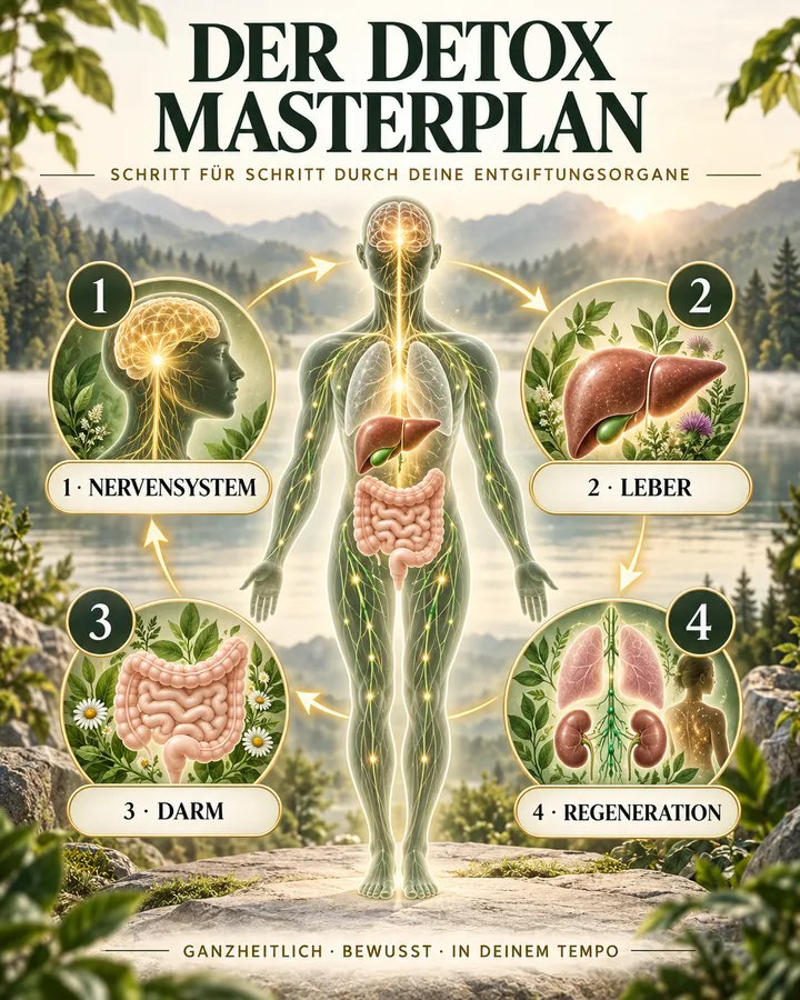 Grafik „Der Detox Masterplan – Schritt für Schritt durch deine Entgiftungsorgane“: eine Körpersilhouette mit vier verbundenen Stationen 1 Nervensystem, 2 Leber, 3 Darm, 4 Regeneration