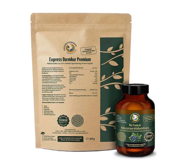 Verpackung der Express Darmkur Premium und Dose Bio-Naturprotein Wildheidelbeere
